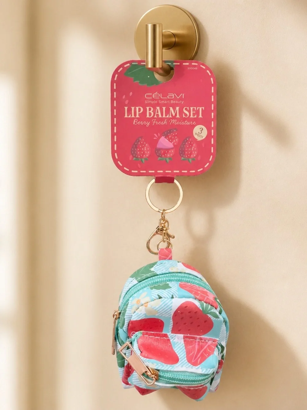 Célavi Strawberry Mini Backpack Keychain Gift Set with 3 Lip Balms New